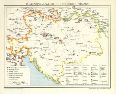 Militärdislokation in Österreich-Ungarn historische Militärkarte Lithographie ca. 1898