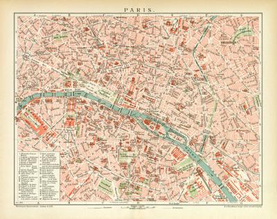Paris historischer Stadtplan Karte Lithographie ca. 1898