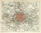 Paris und Umgebung historischer Stadtplan Karte Lithographie ca. 1892