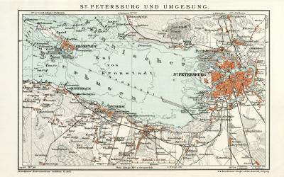 St. Petersburg und Umgebung historischer Stadtplan Karte Lithographie ca. 1897