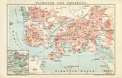 Plymouth und Umgebung historischer Stadtplan Karte Lithographie ca. 1900