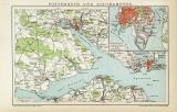 Portsmouth und Southampton historischer Stadtplan Karte Lithographie ca. 1892