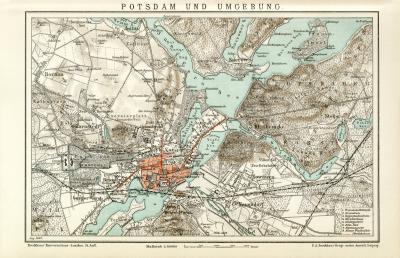 Potsdam und Umgebung historischer Stadtplan Karte Lithographie ca. 1897