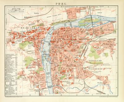 Prag historischer Stadtplan Karte Lithographie ca. 1892