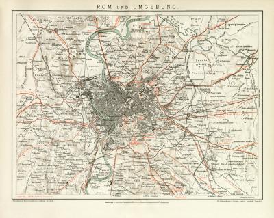 Rom und Umgebung historischer Stadtplan Karte Lithographie ca. 1892