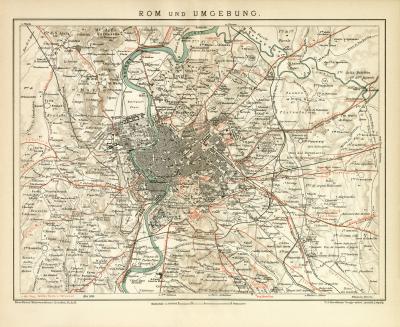 Rom und Umgebung historischer Stadtplan Karte Lithographie ca. 1896