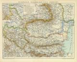 Rumänien Bulgarien und Serbien historische Landkarte Lithographie ca. 1892