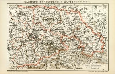 Königreich Sachsen Ost Karte Lithographie 1892 Original der Zeit