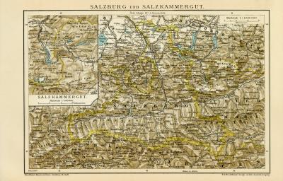 Salzburg und Salzkammergut historische Landkarte Lithographie ca. 1899