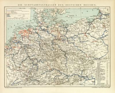 Die Schiffahrtsstrassen des Deutschen Reiches historische Landkarte Lithographie ca. 1896