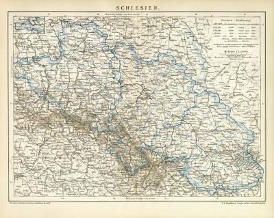 Schlesien Karte Lithographie 1892 Original der Zeit