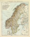 Schweden und Norwegen historische Landkarte Lithographie ca. 1892