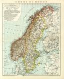 Schweden und Norwegen historische Landkarte Lithographie ca. 1898