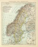 Schweden und Norwegen historische Landkarte Lithographie ca. 1899