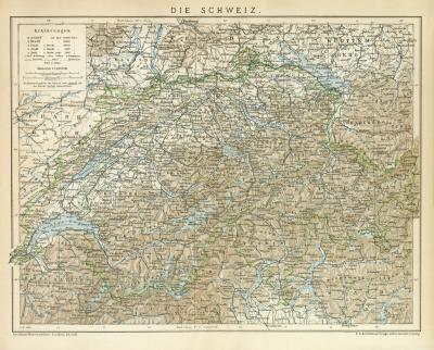 Die Schweiz historische Landkarte Lithographie ca. 1896