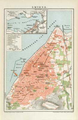 Smyrna historischer Stadtplan Karte Lithographie ca. 1892