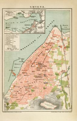 Smyrna historischer Stadtplan Karte Lithographie ca. 1899