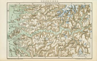 Sognefjord historische Landkarte Lithographie ca. 1892