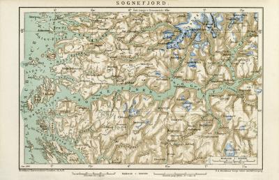 Sognefjord Karte Lithographie 1899 Original der Zeit