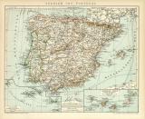 Spanien und Portugal historische Landkarte Lithographie ca. 1899
