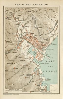 Spezia & Umgebung Stadtplan Lithographie 1899 Original der Zeit