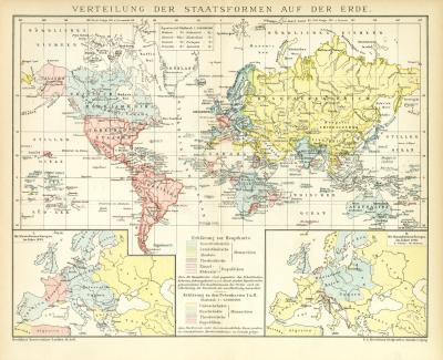 Verteilung der Staatsformen und Kolonialverfassungen auf der Erde historische Landkarte Lithographie ca. 1892