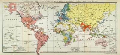 Verteilung der Staatsformen und Kolonialverfassungen auf der Erde historische Landkarte Lithographie ca. 1897