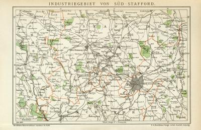 Industriegebiet von Süd - Stafford historische Landkarte Lithographie ca. 1899