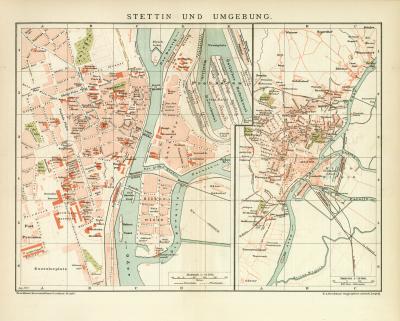 Stettin und Umgebung historischer Stadtplan Karte Lithographie ca. 1897