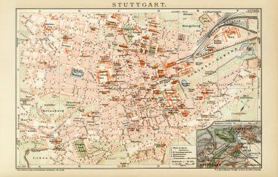 Stuttgart Stadtplan Lithographie 1899 Original der Zeit
