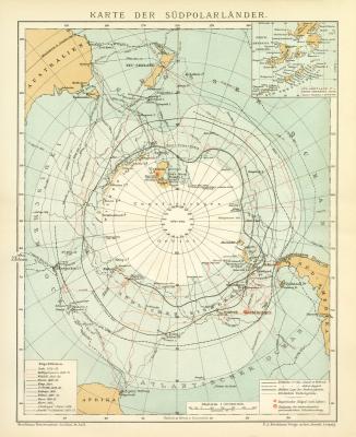 Südpolarländer Karte Lithographie 1892 Original der Zeit
