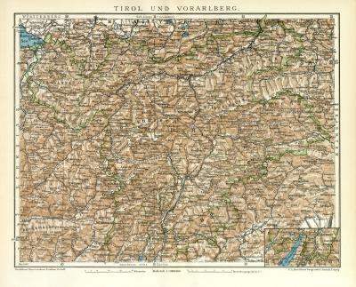 Tirol und Voralberg historische Landkarte Lithographie ca. 1898