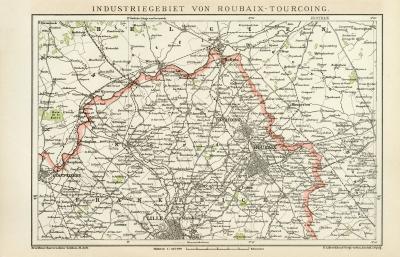 Industriegebiet Roubaix Tourcoing historische Landkarte Lithographie ca. 1892