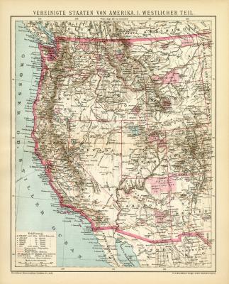 Vereinigte Staaten von Amerika I. Westlicher Teil historische Landkarte Lithographie ca. 1892