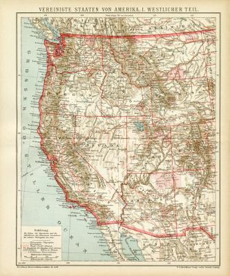 Vereinigte Staaten von Amerika I. Westlicher Teil historische Landkarte Lithographie ca. 1899