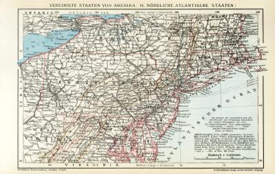 Vereinigte Staaten von Amerika IV. Nördliche Atlantische Staaten historische Landkarte Lithographie ca. 1892