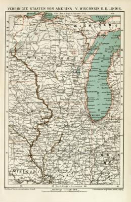 USA Wisconsin Illinois Karte Lithographie 1892 Original der Zeit