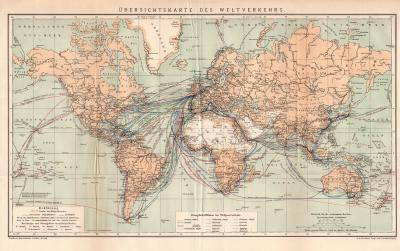 Übersichtskarte des Weltverkehrs historische Landkarte Lithographie ca. 1899