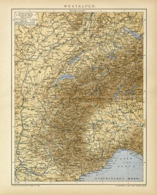 Westalpen historische Landkarte Lithographie ca. 1899