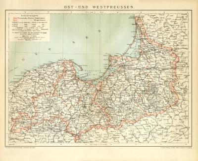 Ost- und Westpreussen historische Landkarte Lithographie ca. 1897