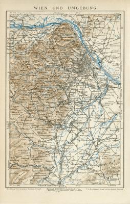Wien und Umgebung historischer Stadtplan Karte Lithographie ca. 1898