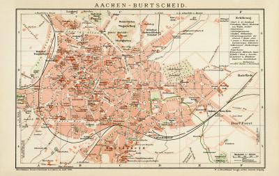 Aachen Burtscheid historischer Stadtplan Karte Lithographie ca. 1892