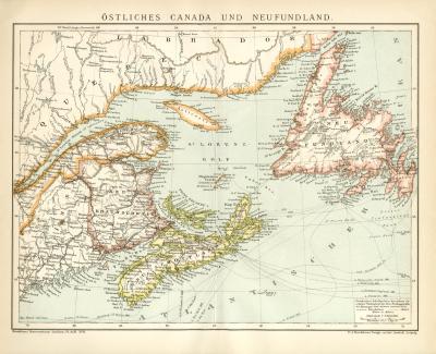 Östliches Canada und Neufundland historische Landkarte Lithographie ca. 1892