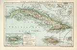 Cuba Jamaika und Portoriko historische Landkarte Lithographie ca. 1899