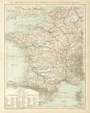 Die Schiffahrtsstrassen von Frankreich und den angrenzenden Gebieten historische Landkarte Lithographie ca. 1896