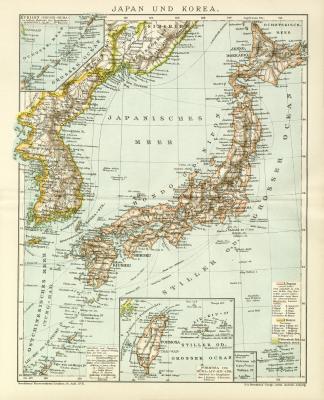 Japan & Korea Karte Lithographie 1897 Original der Zeit