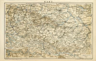 Harz Karte Lithographie 1898 Original der Zeit