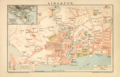 Singapur Stadtplan Lithographie 1894 Original der Zeit
