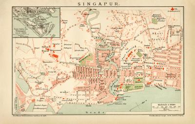 Singapur historischer Stadtplan Karte Lithographie ca. 1899