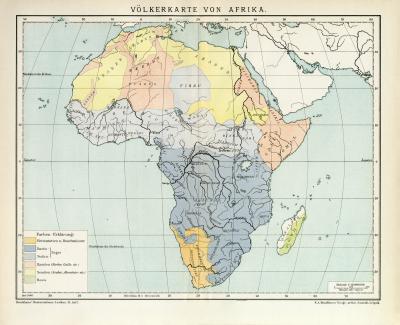 Völkerkarte von Afrika historische Landkarte Lithographie ca. 1896